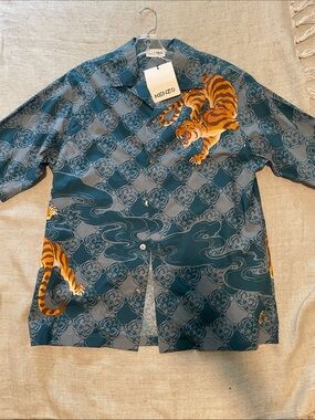 Kenzo Teal Short-Sleeve Button-Down Shirt with Orange Tiger Motif